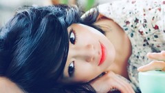 Asians smiling brunettes models black hair