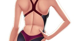 Ass back white background anime girls bare shoulders black hair 