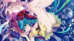 Ass bubbles underwater blue hair pink hair long hair anime 