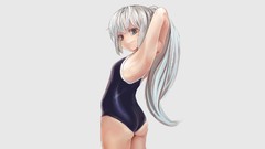 Ass gray background white hair blush smiling long hair anime 