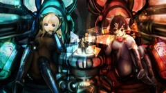 Ass headphones red eyes sitting blondes smiling anime girls 