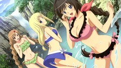 Ass waterfalls wet anime girls ponytails cleavage bikini boobs 