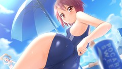 Ass wet Beaches anime girls parasol brown eyes short hair 