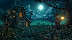 Autumn moon corn barn Halloween pumpkins lanterns scarecrow 