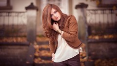 Autumn woman outdoors brunettes Leather Jacket