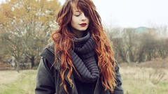 Autumn woman outdoors long hair closed eyes redheads