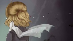 Back blondes scarfs anime girls back view short hair ponytails 