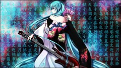 Back Japanese kimono fans instruments guitars long hair anime 