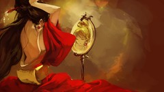 Back red dress reflections long hair anime girls closed eyes 