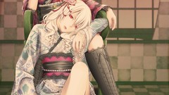 Background red eyes kimono blondes barefoot anime girls green 