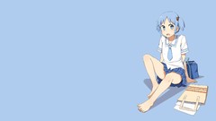 Bags blue hair barefoot blue eyes school uniforms short hair 