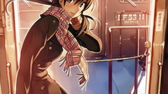 Bags coat scarfs long hair anime girls brown eyes brunettes 