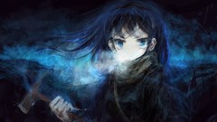 Bags jackets axe scarfs long hair anime girls blue eyes black 