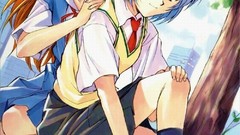 Bags red eyes schoolgirls stockings blue hair long hair anime 