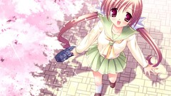 Bags young smiling anime girls school uniforms cherry blossoms