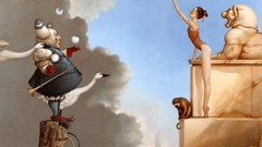 Balls surrealism statues Swans monkeys reach jester fantasy art 