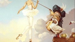 Balls surrealism string paintings hats cliffs Swans fantasy art 