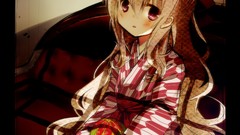 Balls woman red eyes sitting kimono blondes couch blush long 