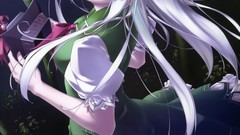 Bamboo dress hats horns white hair red eyes bows outdoors long 