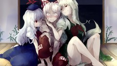 Bamboo dress hats horns white hair red eyes sitting houses bows 