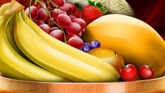 Bananas mango cherries strawberries fruits melon artwork
