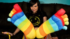 Bangs striped legwear brunettes