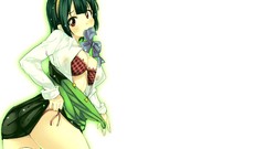 Barefoot anime girls brown eyes green hair bra seifuku 