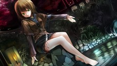 Barefoot anime girls green eyes brunettes touhou Mizuhashi 