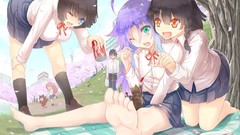 Barefoot blue eyes green eyes braids wink seifuku cherry 