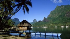 Bay Boats cliffs palm trees Tahiti French Polynesia huts Moorea 