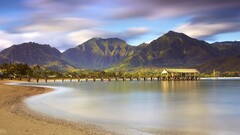 beach Mountains Sea clouds landscape nature pier