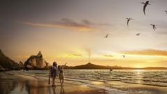 Beach paintings Dinosaurs pterodactyls caveman