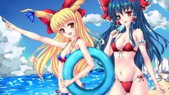 Beaches anime girls hakurei reimu touhou ibuki suika bikini
