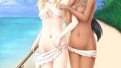 Beaches blondes anime girls green eyes illustrations topless