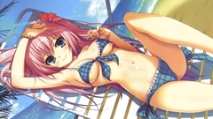 Beaches pink hair smiling anime girls blue eyes bra lying down 