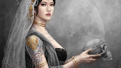 Beads skulls artwork grey background fantasy art necklaces 