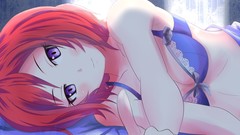 Beds anime girls bra purple eyes lying down underwear Nishikino 