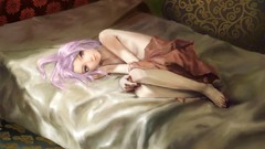 Beds barefoot mirai nikki gasai yuno purple hair purple eyes 