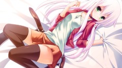 Beds belts skirts pink hair long hair green eyes lying down 