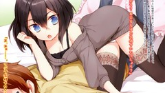 Beds black hair open mouth lying down cleavage boobs white 