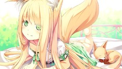 Beds blondes anime girls green eyes animal ears tails foxes 