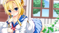 Beds blondes skirts blush Students blue eyes school uniforms 