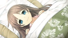 Beds faces pillows smiling long hair anime girls blue eyes 