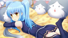 Beds gloves skirts elbows blush blue hair long hair anime girls 