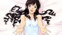 Beds long hair anime girls blue eyes brunettes towels open 