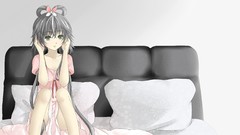 Beds long hair anime girls green eyes vocaloid gray hair luo 