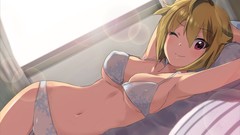 Beds red eyes anime girls wink lying down underwear