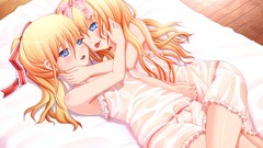 Beds Ribbons blondes lingerie blue eyes panties lolicon kissing 