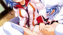 Beds skirts blush blue hair long hair anime girls purple eyes 