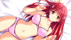 Beds smiling long hair anime girls lingerie yellow eyes bra 